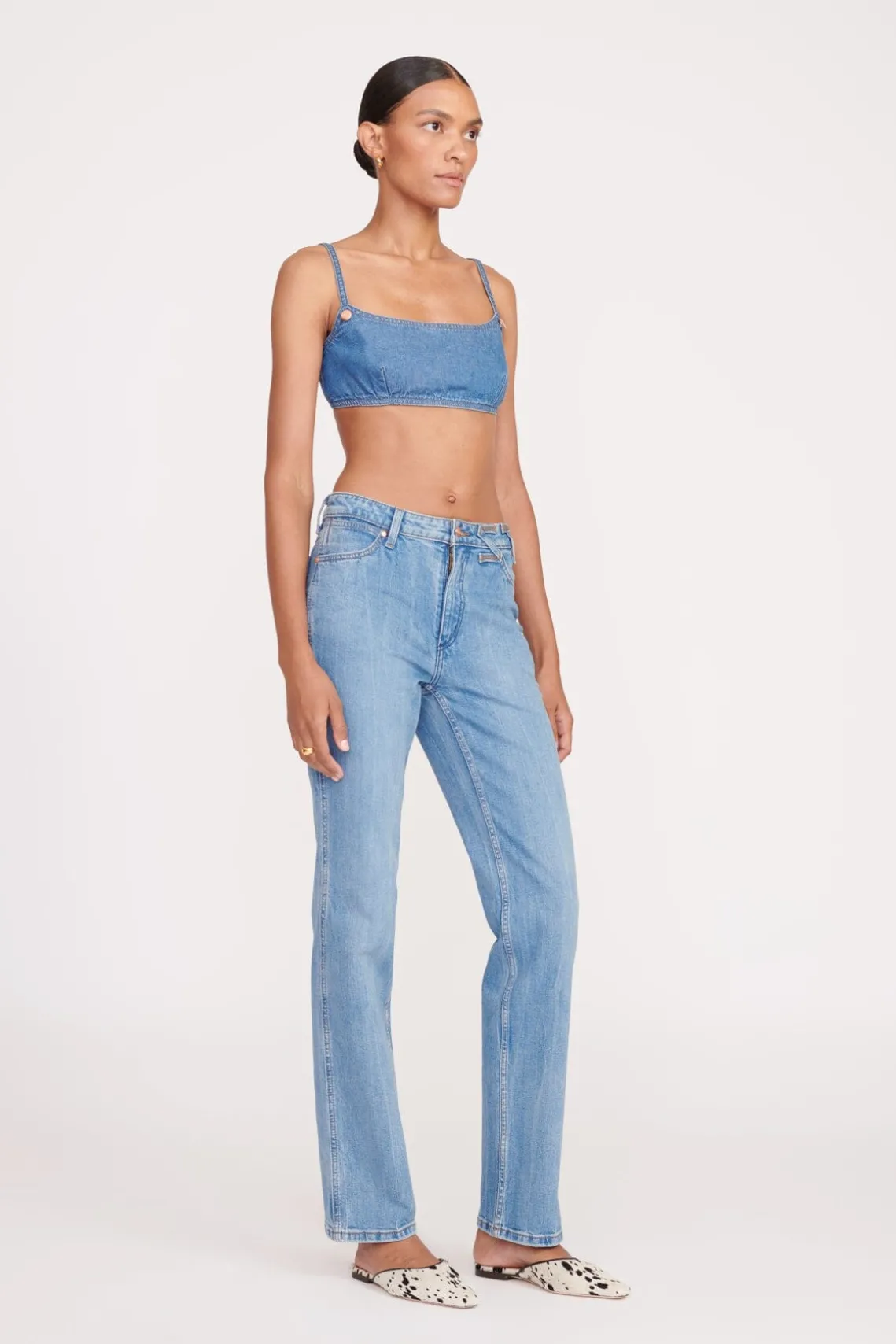 STAUD + WRANGLER THE JEAN BIKINI TOP MID BLUE