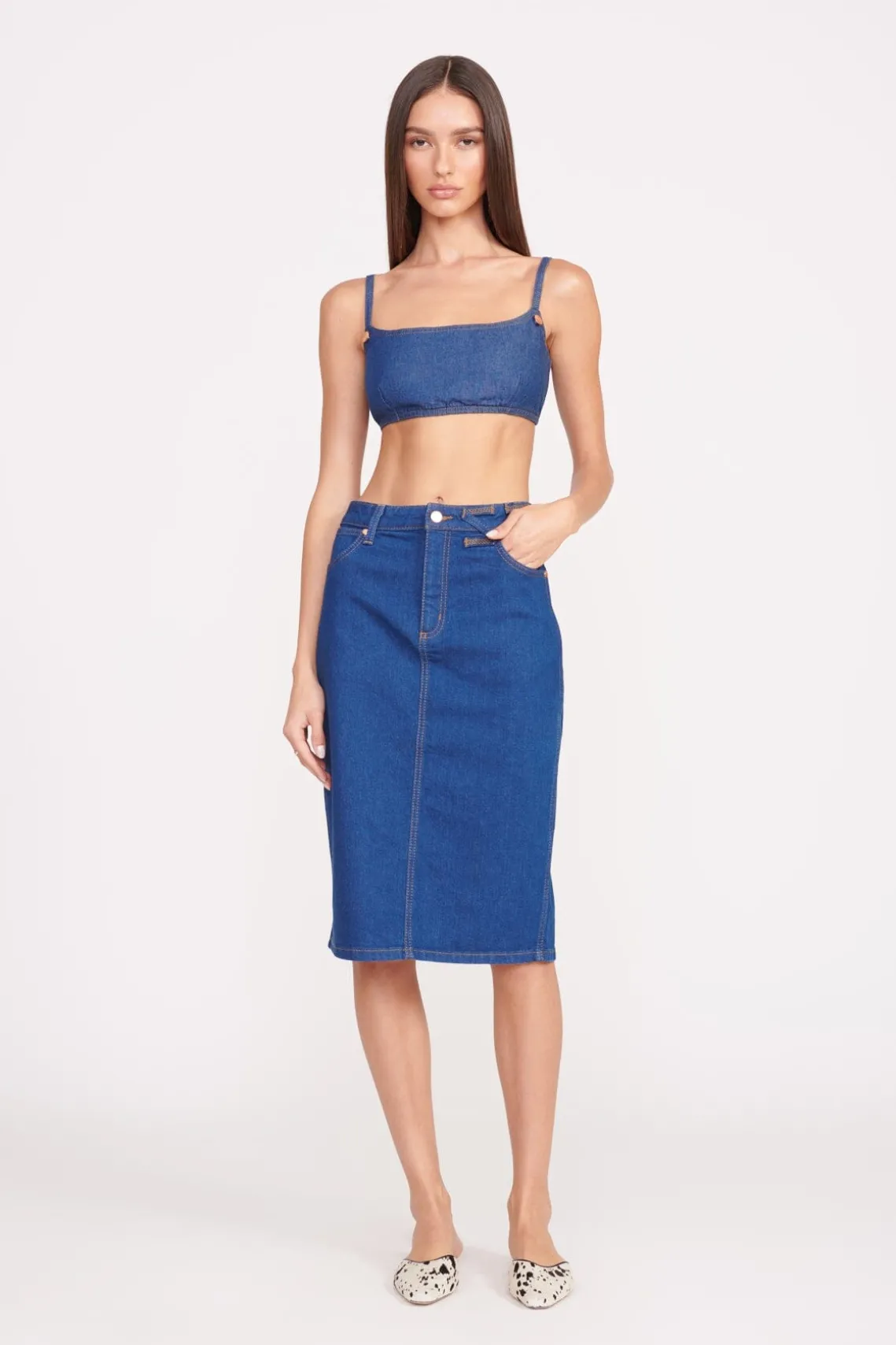 STAUD + WRANGLER THE PENCIL SKIRT DARK RINSE
